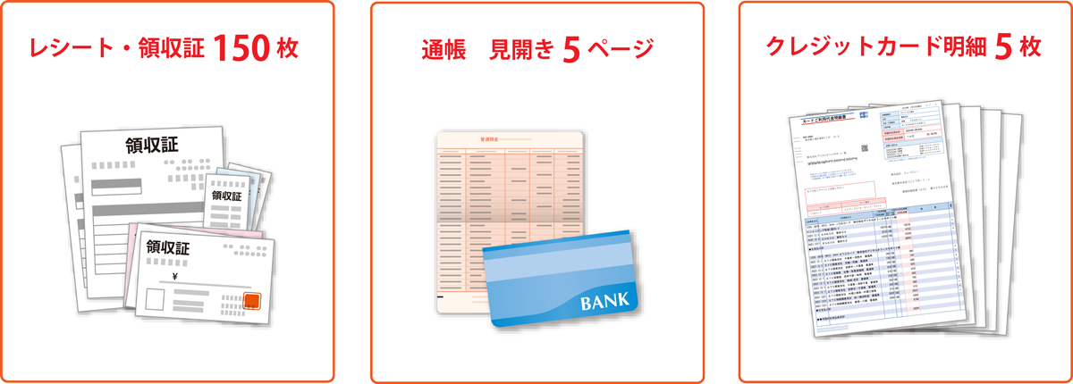 レシートや通帳などの証ひょうを読み取るだけ。たとえば約400仕訳ならわずか3分！